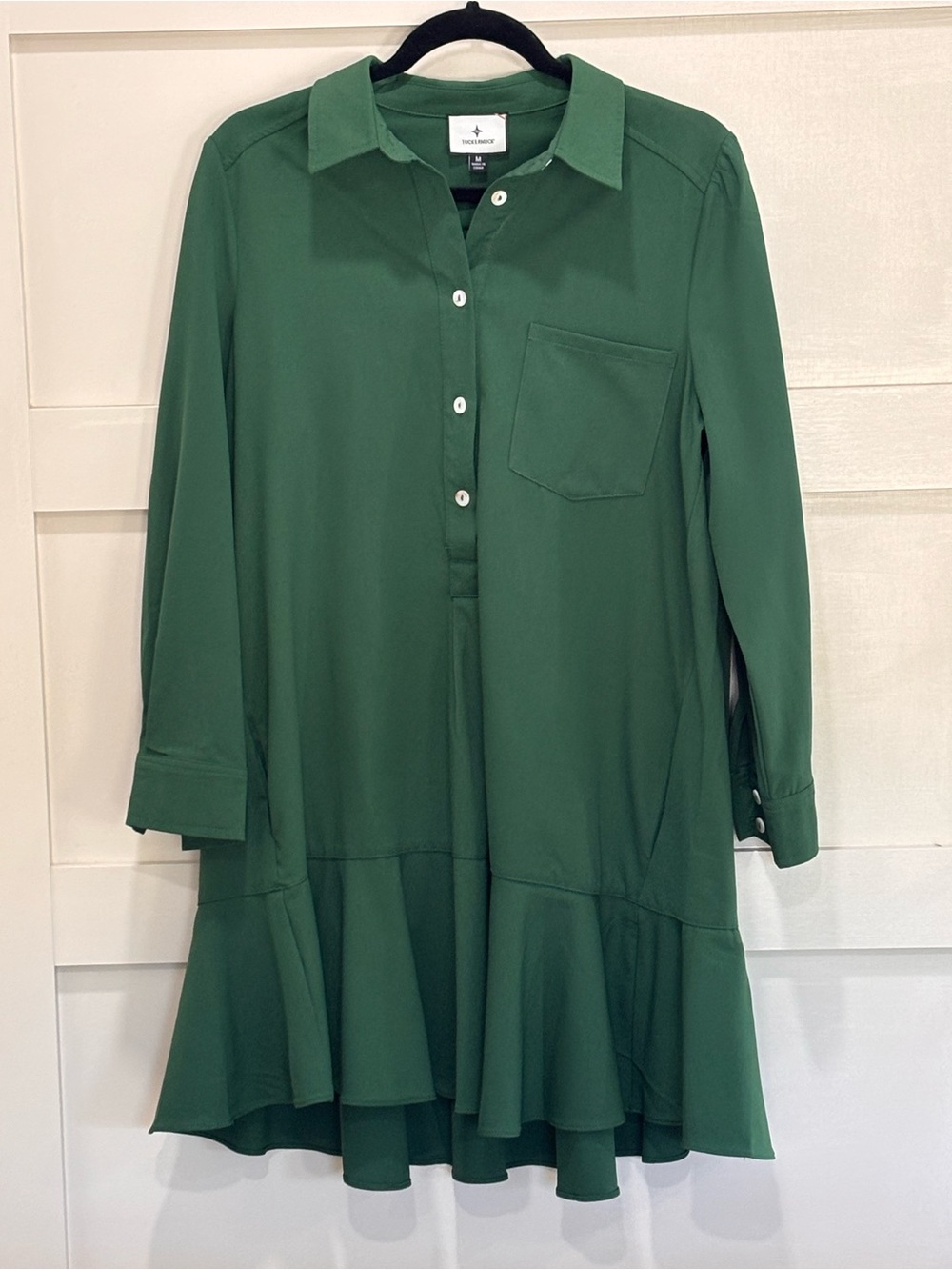 Tuckernuck Dark Green Long-Sleeve Ruffle-Hem Shirt Dress